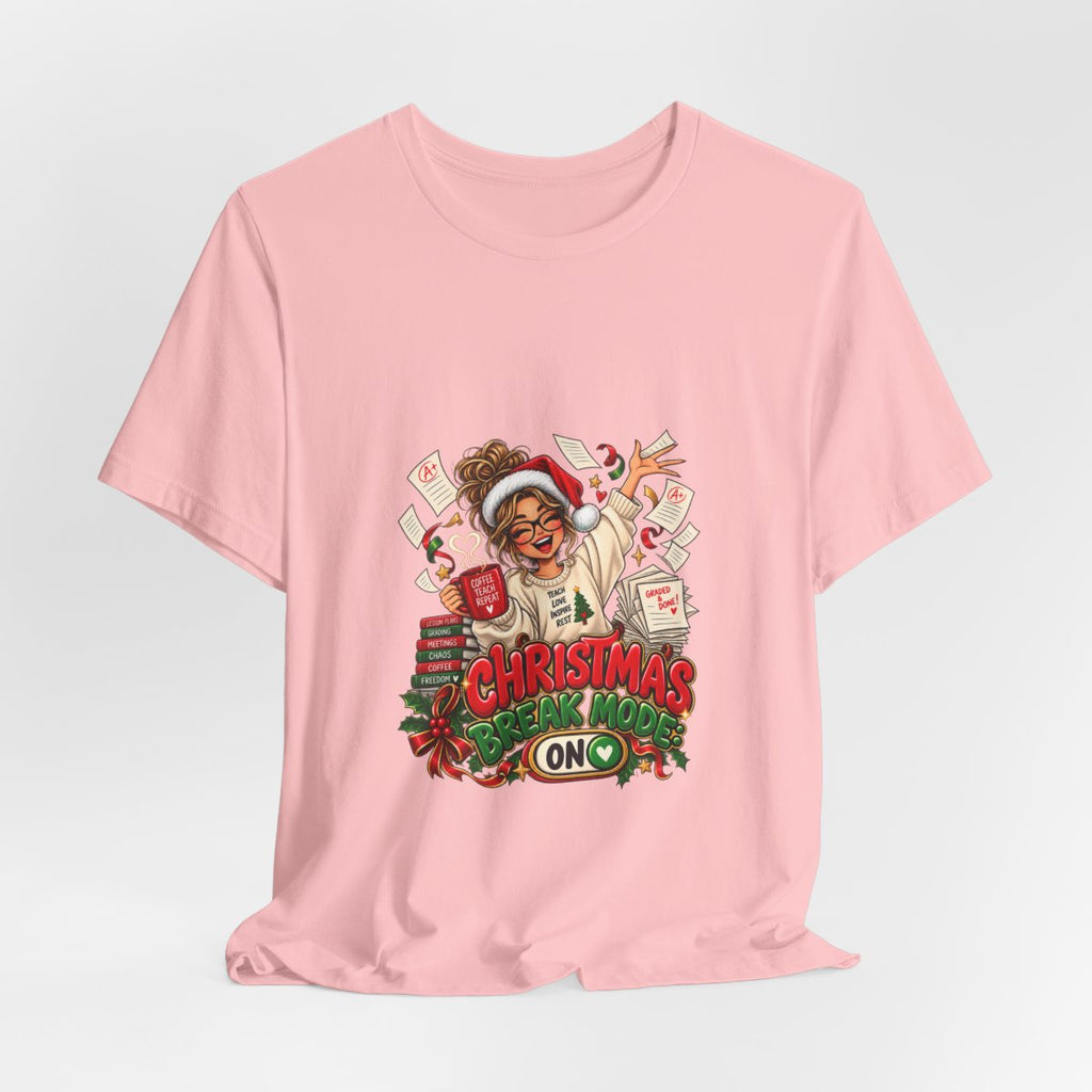 Christmas Break Mode On Teacher T-Shirt | Funny Teacher Holiday Break Coffee Graphic Tee, Educator Christmas Gift