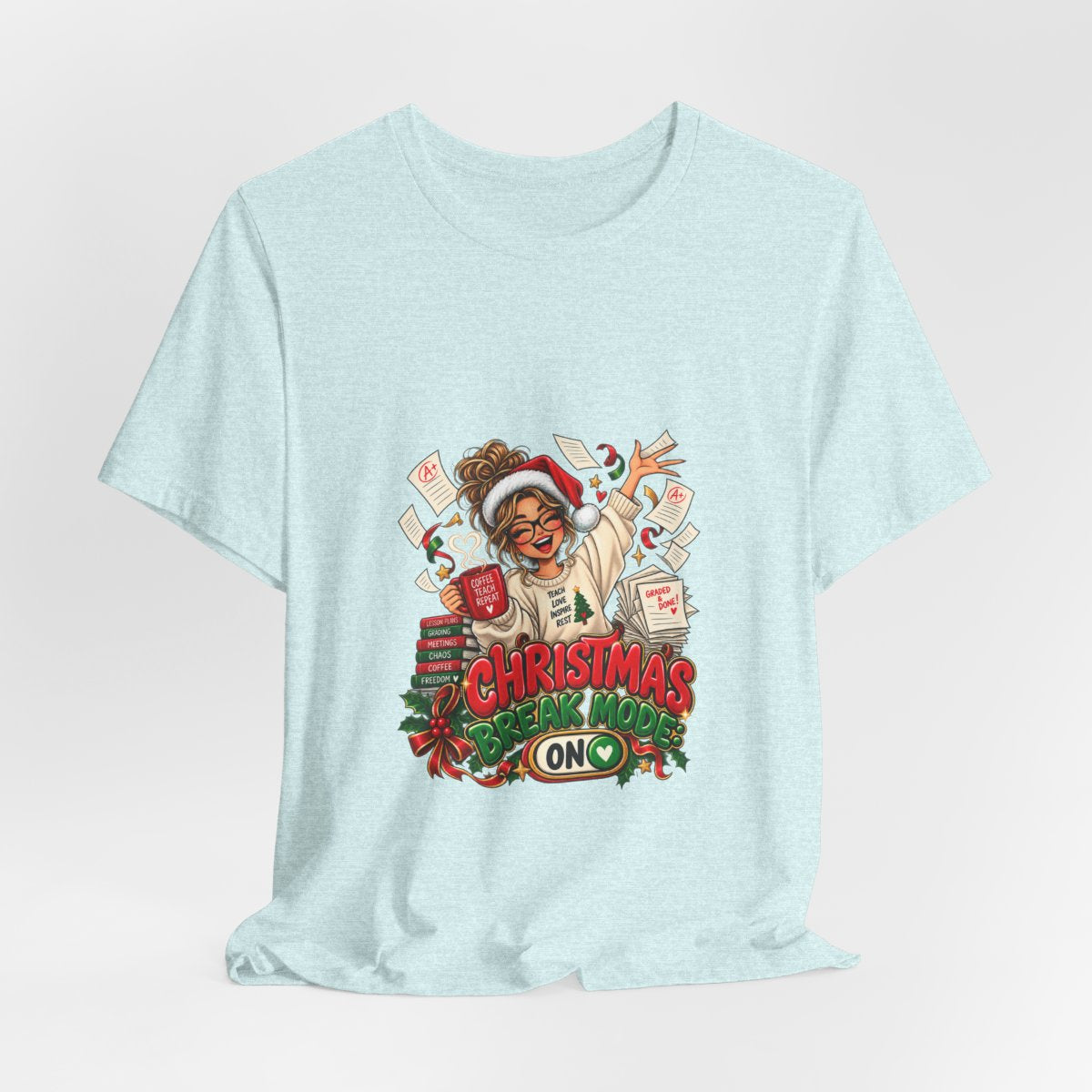 Christmas Break Mode On Teacher T-Shirt | Funny Teacher Holiday Break Coffee Graphic Tee, Educator Christmas Gift