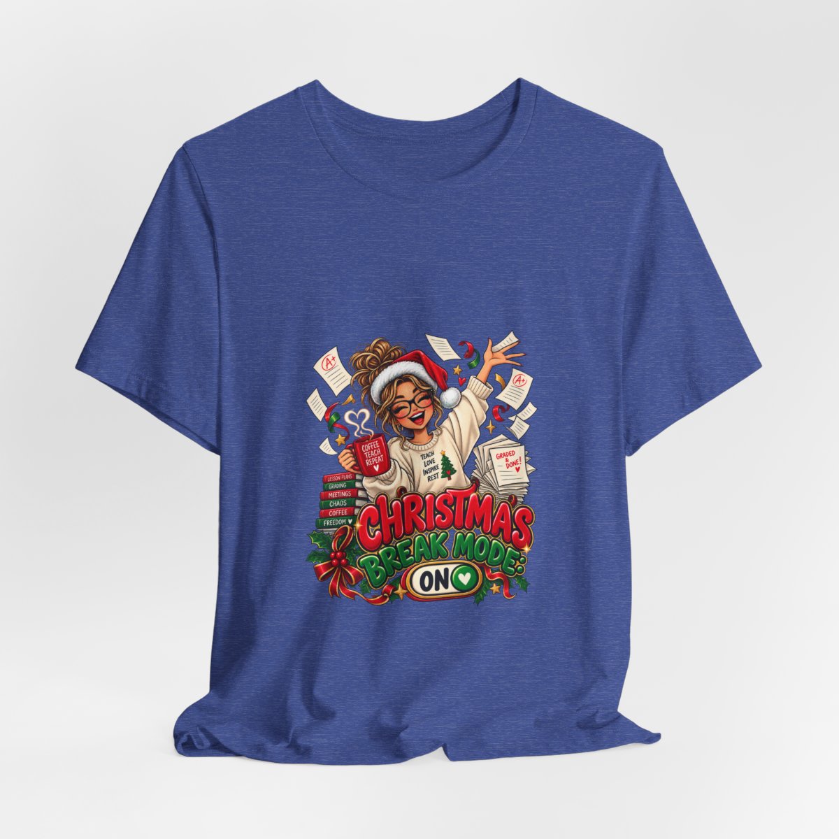 Christmas Break Mode On Teacher T-Shirt | Funny Teacher Holiday Break Coffee Graphic Tee, Educator Christmas Gift