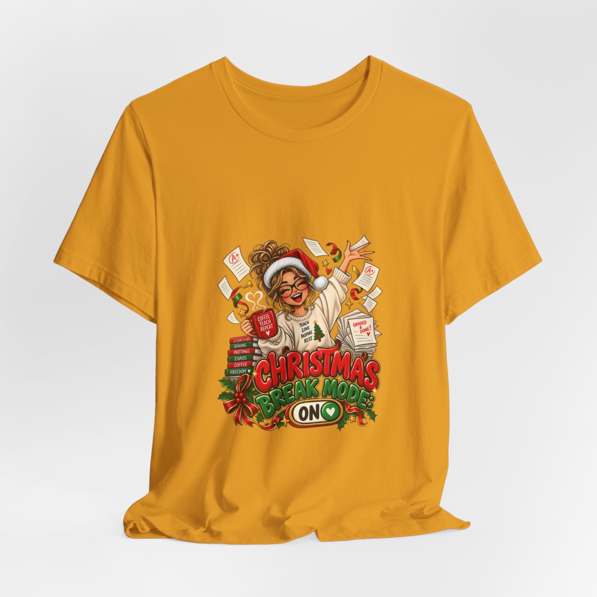 Christmas Break Mode On Teacher T-Shirt | Funny Teacher Holiday Break Coffee Graphic Tee, Educator Christmas Gift