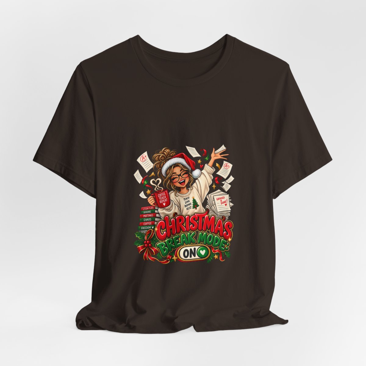 Christmas Break Mode On Teacher T-Shirt | Funny Teacher Holiday Break Coffee Graphic Tee, Educator Christmas Gift