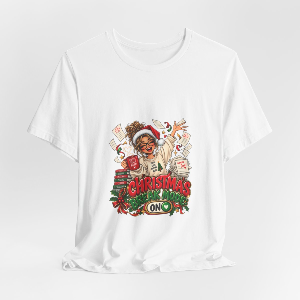 Christmas Break Mode On Teacher T-Shirt | Funny Teacher Holiday Break Coffee Graphic Tee, Educator Christmas Gift