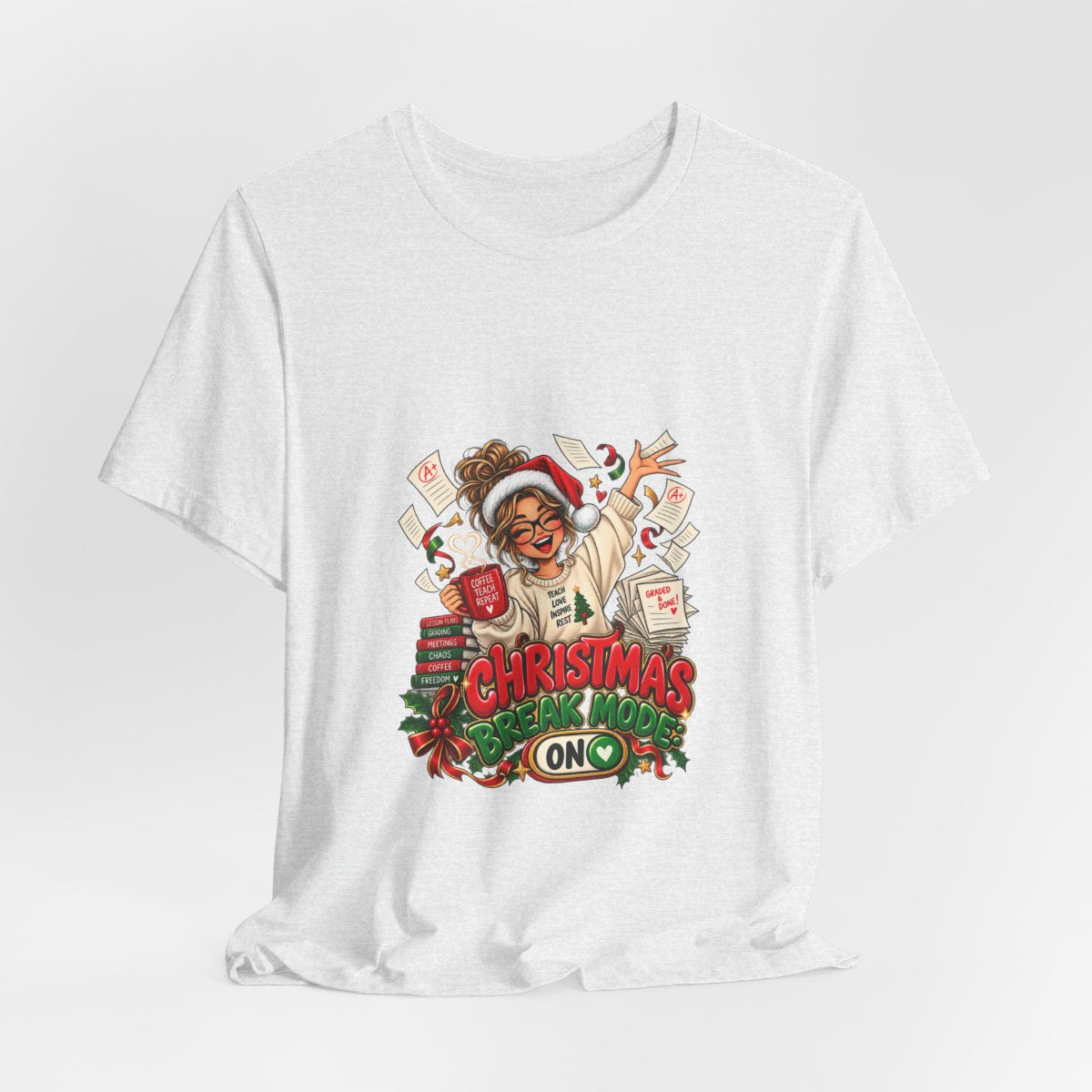 Christmas Break Mode On Teacher T-Shirt | Funny Teacher Holiday Break Coffee Graphic Tee, Educator Christmas Gift