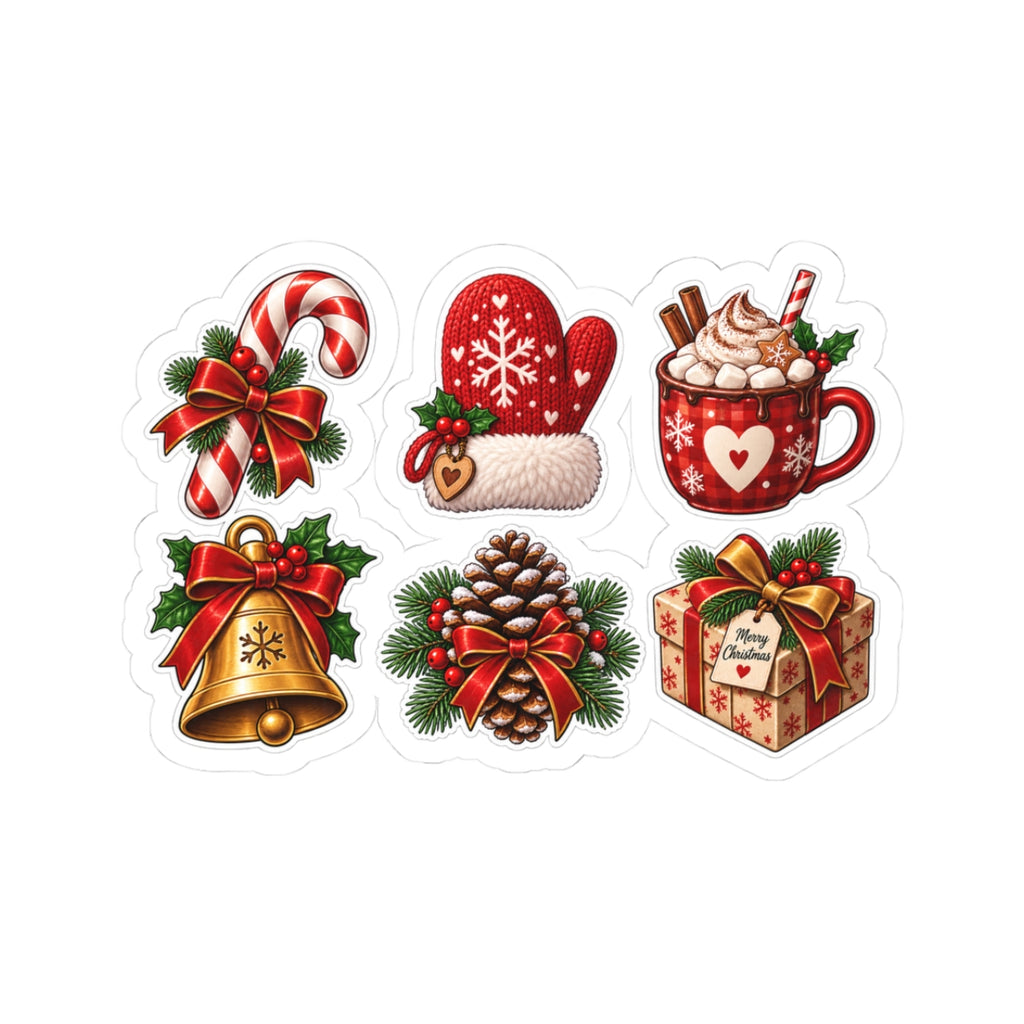 Christmas Cozy Icons Kiss-Cut Stickers | Holiday Pinecone Mug Bell Gift