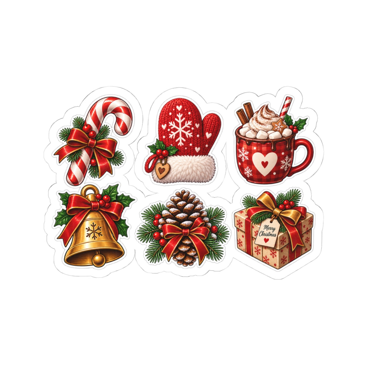Christmas Cozy Icons Kiss-Cut Stickers | Holiday Pinecone Mug Bell Gift