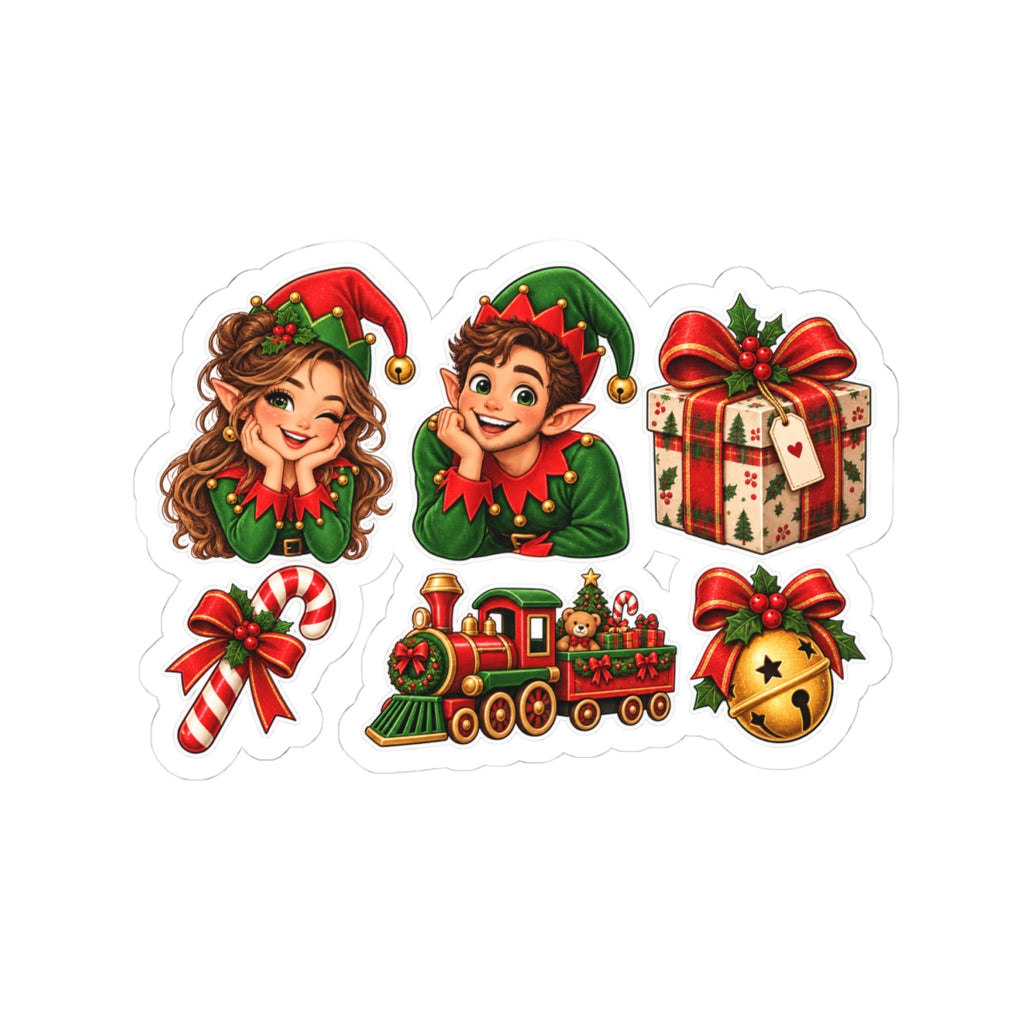 Christmas Elves and Holiday Icons Kiss-Cut Stickers | Train, Presents, Candy Cane