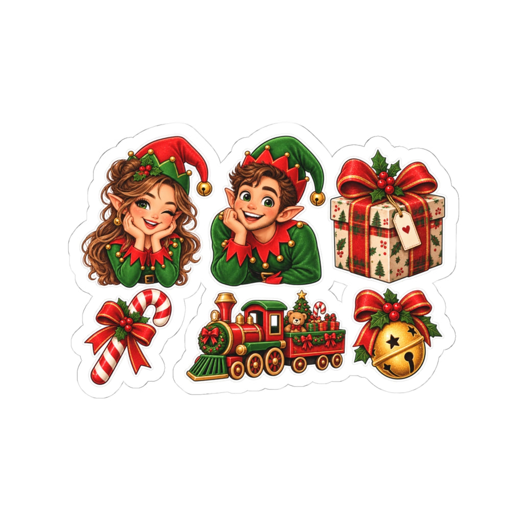 Christmas Elves and Holiday Icons Kiss-Cut Stickers | Train, Presents, Candy Cane