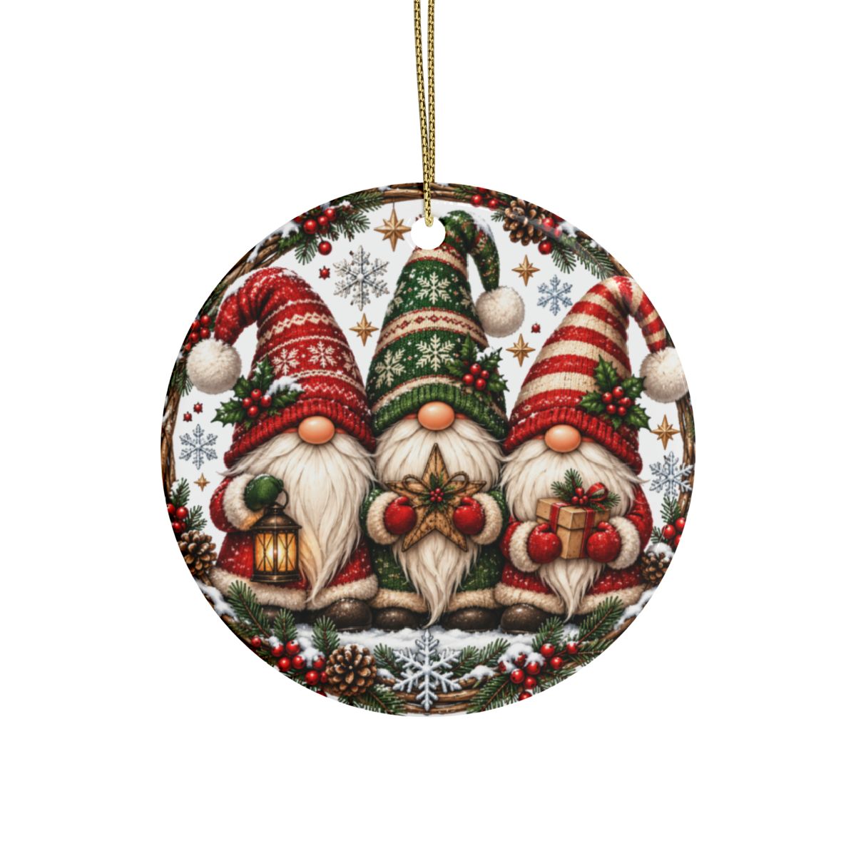 Christmas Gnome Trio Ceramic Ornament | Round Holiday Tree Decoration