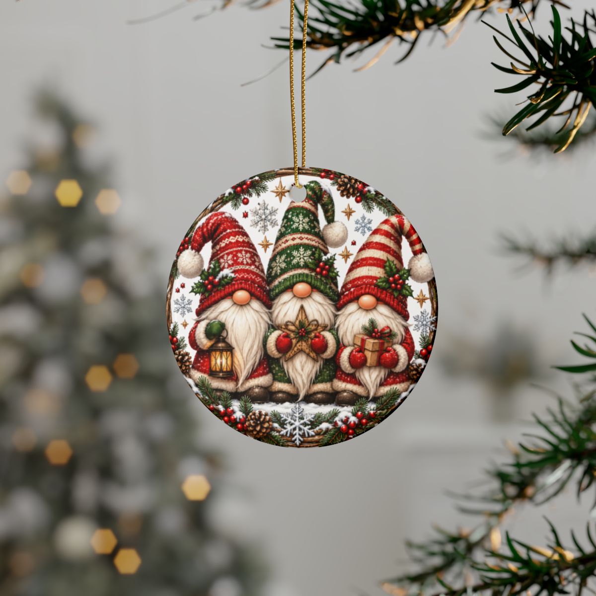 Christmas Gnome Trio Ceramic Ornament | Round Holiday Tree Decoration