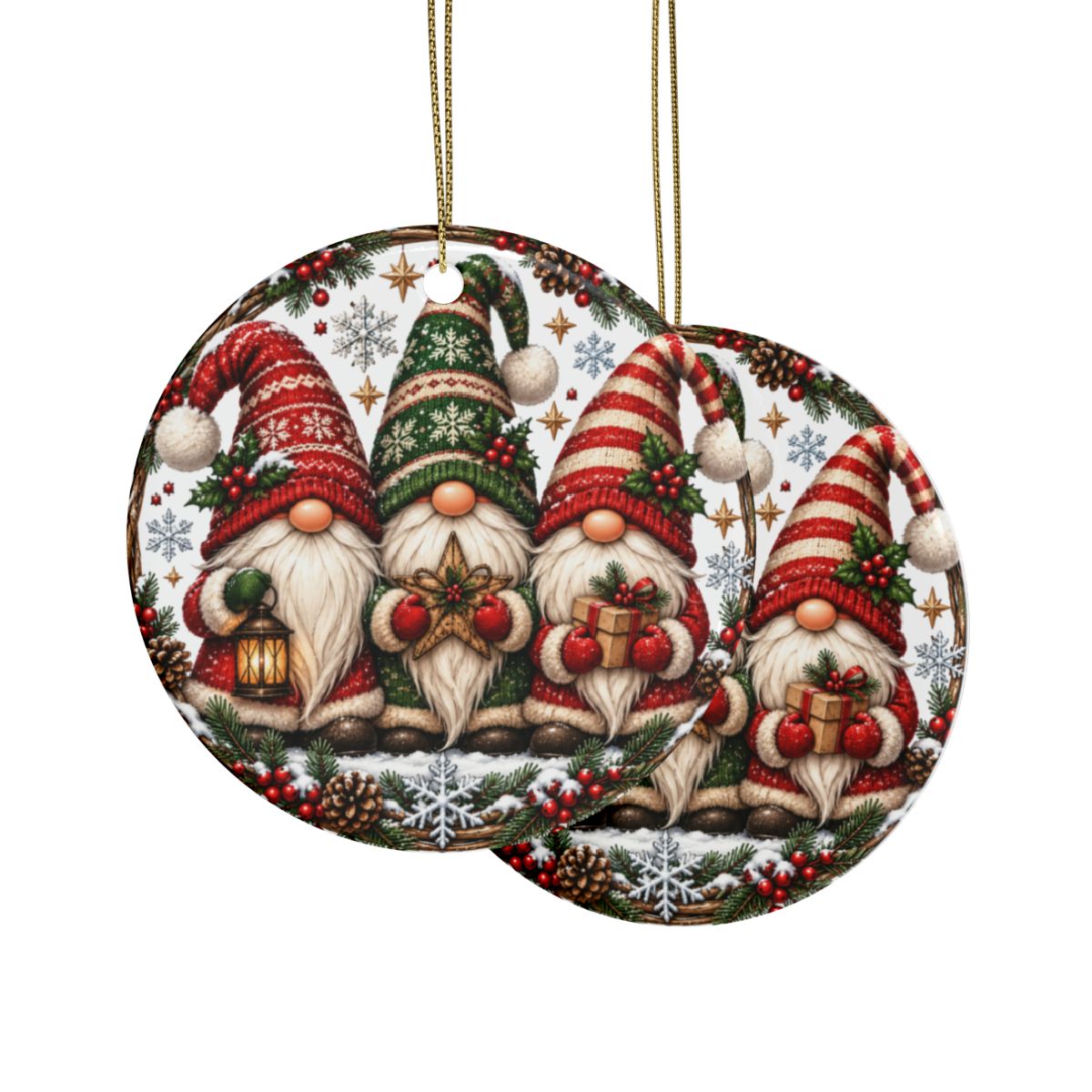 Christmas Gnome Trio Ceramic Ornament | Round Holiday Tree Decoration