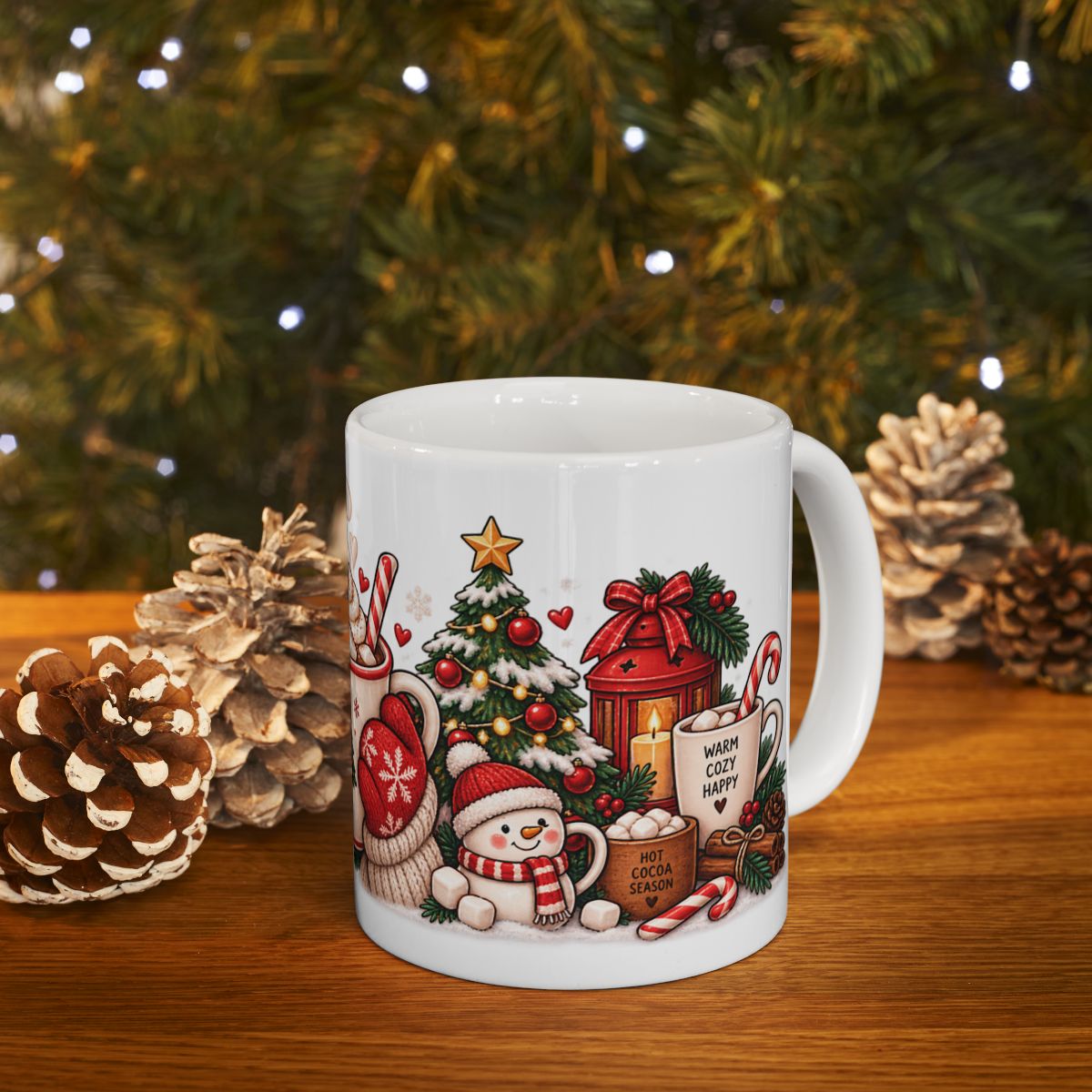 Christmas Hot Cocoa Mug | Holiday Cocoa Cup with Mittens, Tree & Candy Canes