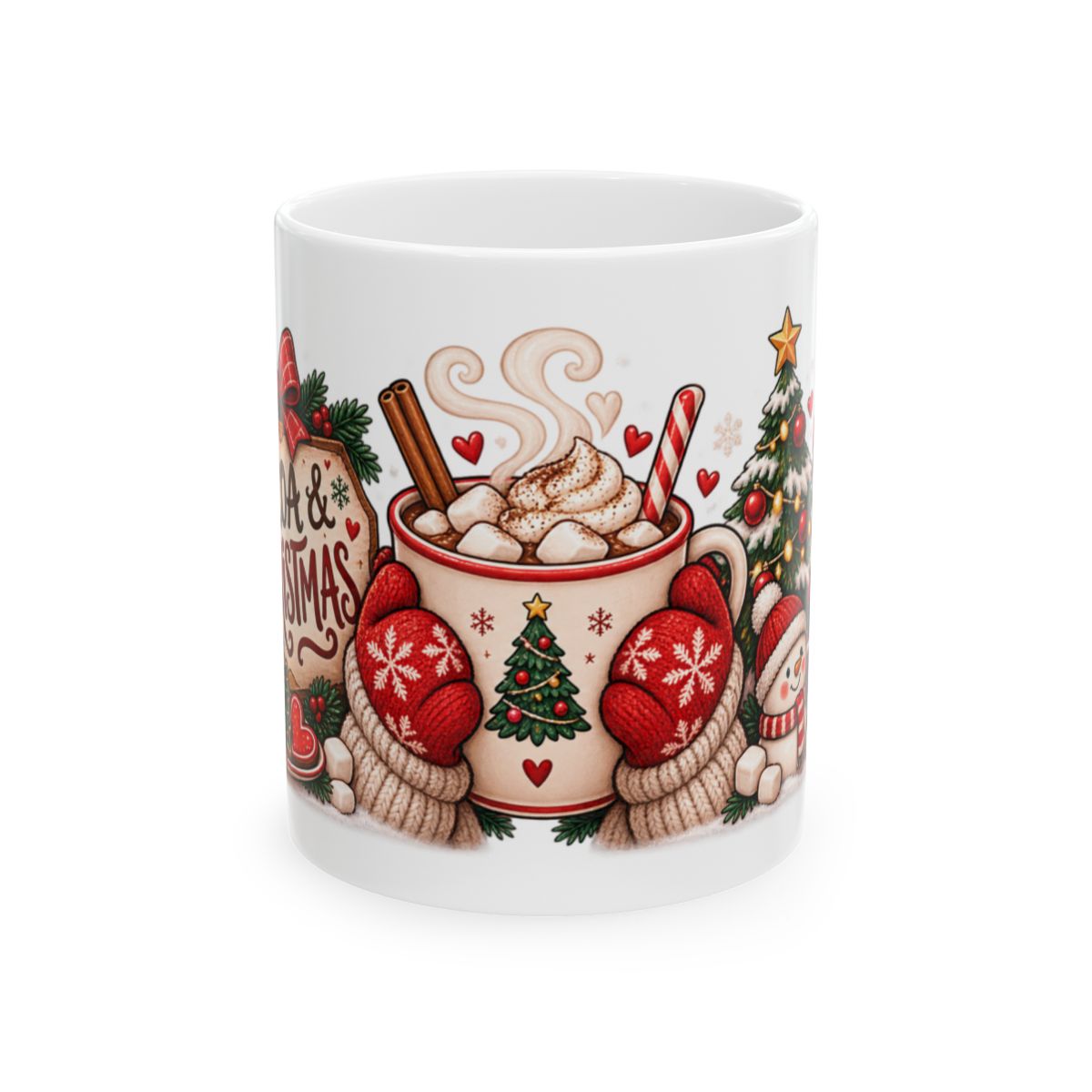Christmas Hot Cocoa Mug | Holiday Cocoa Cup with Mittens, Tree & Candy Canes