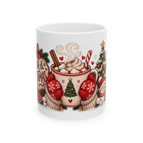 Christmas Hot Cocoa Mug | Holiday Cocoa Cup with Mittens, Tree & Candy Canes