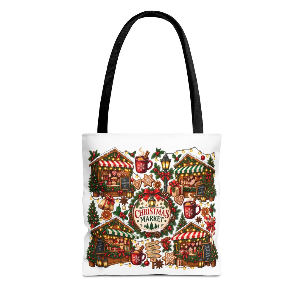 Christmas Market Illustration Tote, Holiday Market Scene | Gingerbread, Trees, Lights