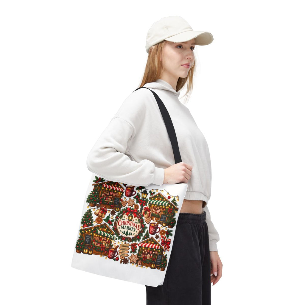 Christmas Market Illustration Tote, Holiday Market Scene | Gingerbread, Trees, Lights