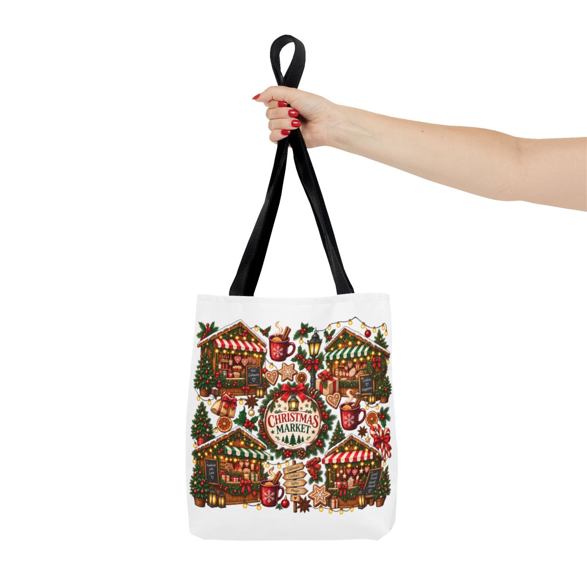 Christmas Market Illustration Tote, Holiday Market Scene | Gingerbread, Trees, Lights