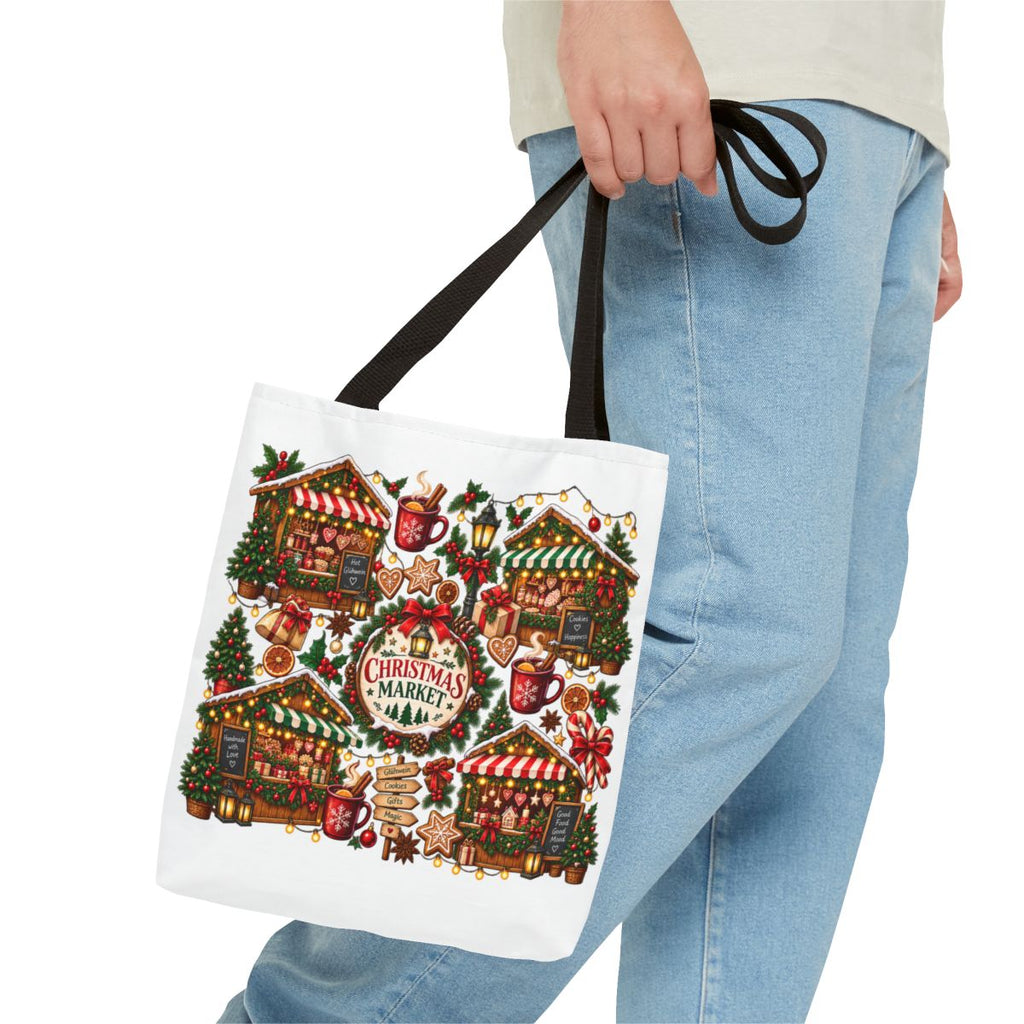 Christmas Market Illustration Tote, Holiday Market Scene | Gingerbread, Trees, Lights