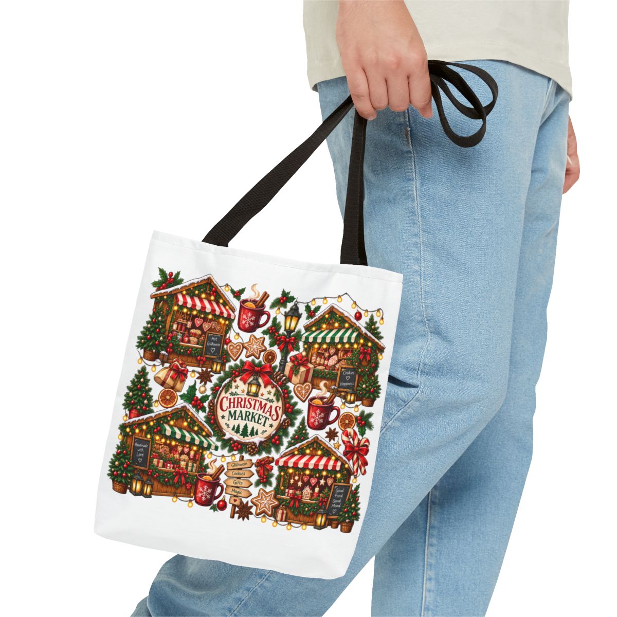 Christmas Market Illustration Tote, Holiday Market Scene | Gingerbread, Trees, Lights