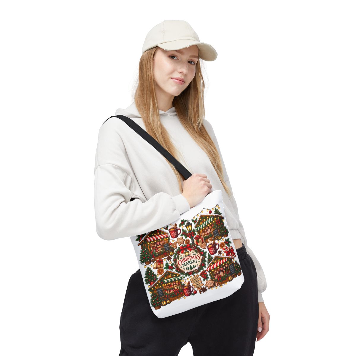 Christmas Market Illustration Tote, Holiday Market Scene | Gingerbread, Trees, Lights