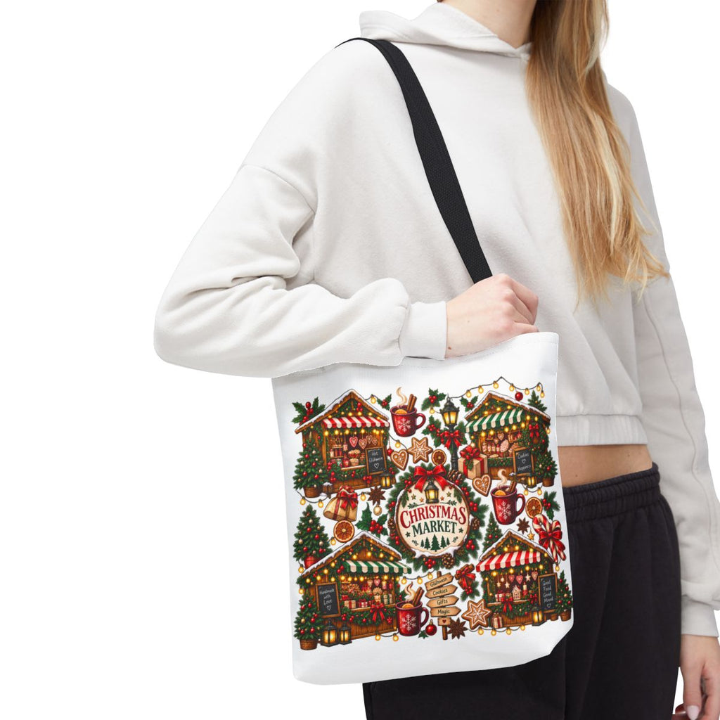 Christmas Market Illustration Tote, Holiday Market Scene | Gingerbread, Trees, Lights