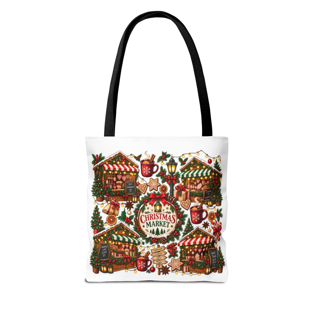 Christmas Market Illustration Tote, Holiday Market Scene | Gingerbread, Trees, Lights