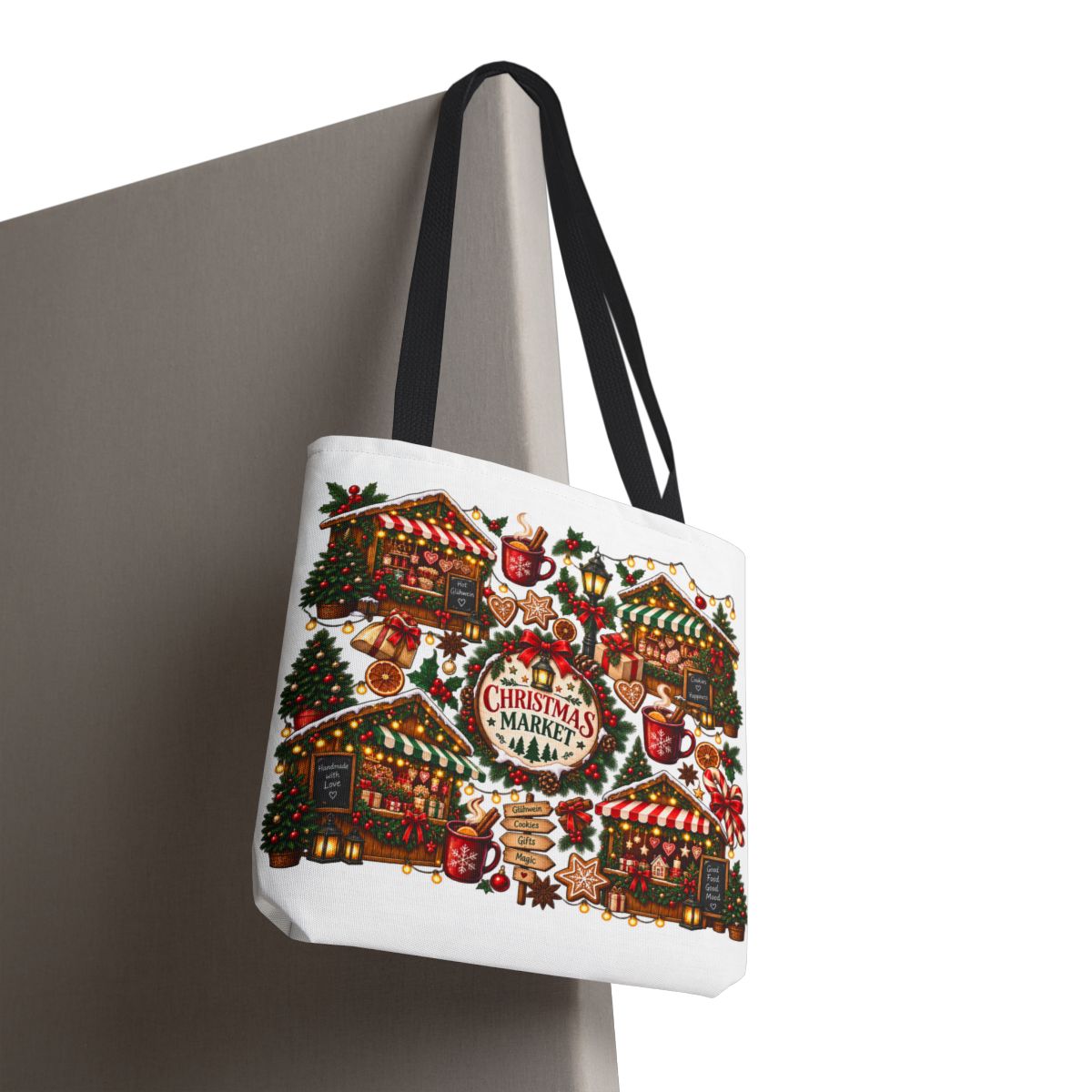 Christmas Market Illustration Tote, Holiday Market Scene | Gingerbread, Trees, Lights