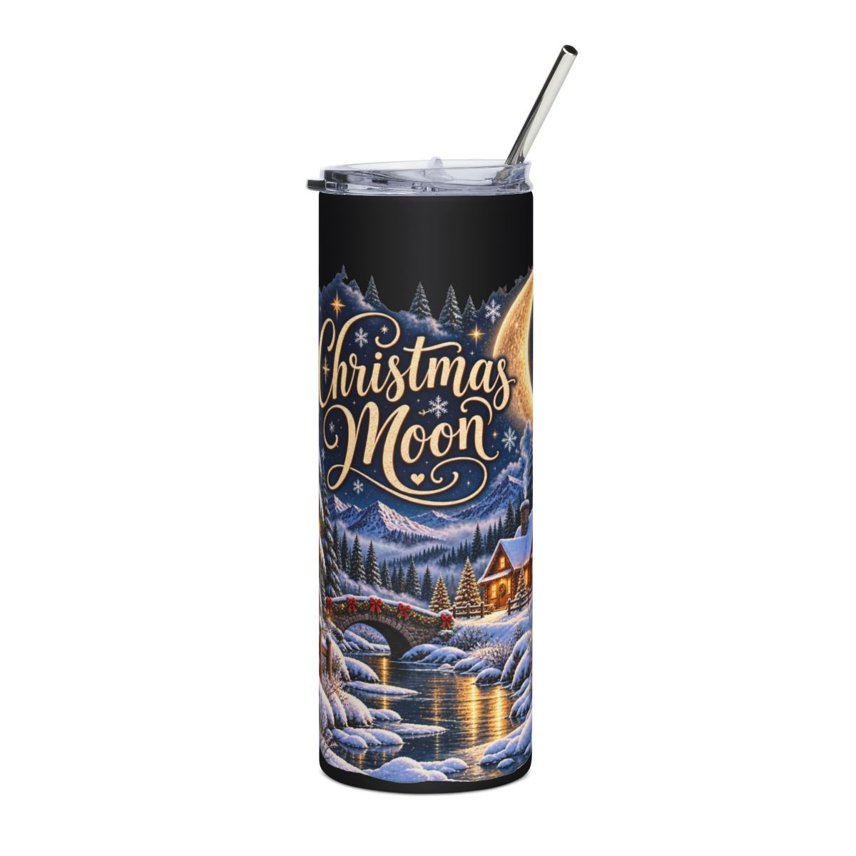 Christmas Moon Winter Cabin Tumbler | 20oz Stainless Steel Travel Tumbler
