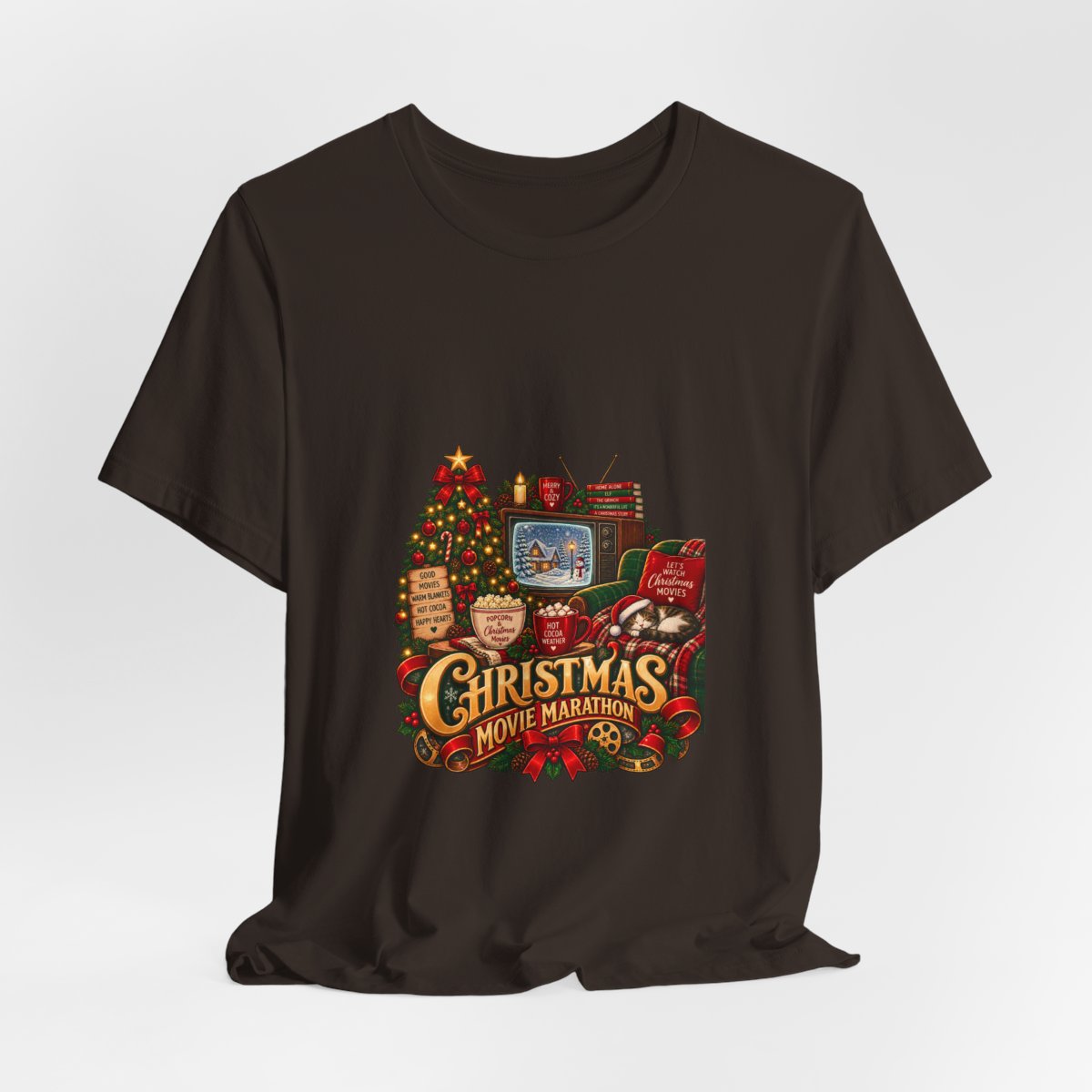 Christmas Movie Marathon T-Shirt | Cozy Retro TV Holiday Graphic Tee, Hot Cocoa Christmas Movie Lover Gift