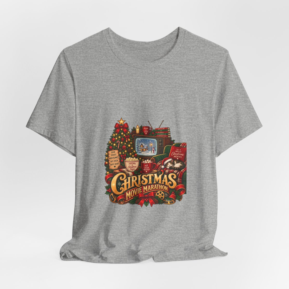 Christmas Movie Marathon T-Shirt | Cozy Retro TV Holiday Graphic Tee, Hot Cocoa Christmas Movie Lover Gift