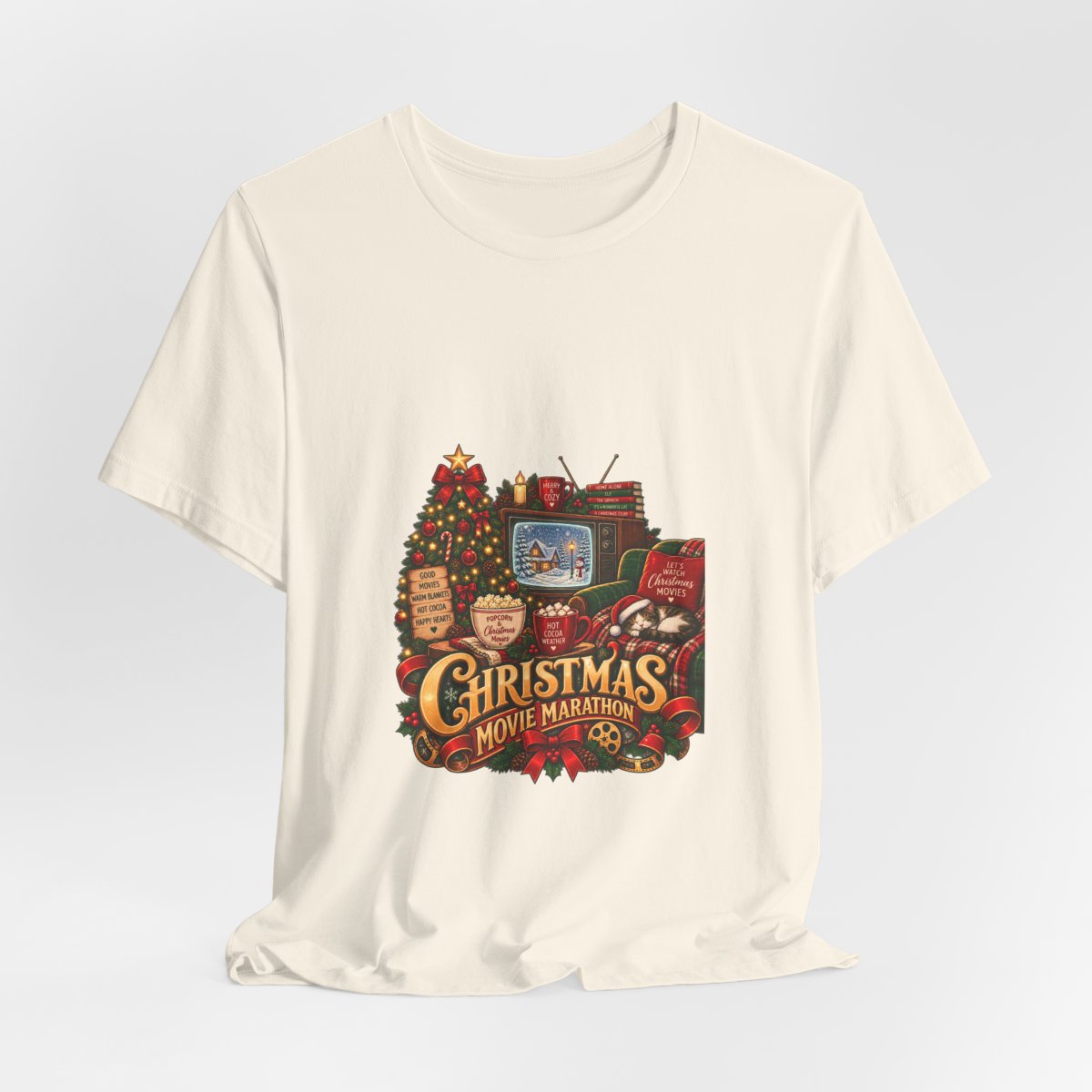 Christmas Movie Marathon T-Shirt | Cozy Retro TV Holiday Graphic Tee, Hot Cocoa Christmas Movie Lover Gift