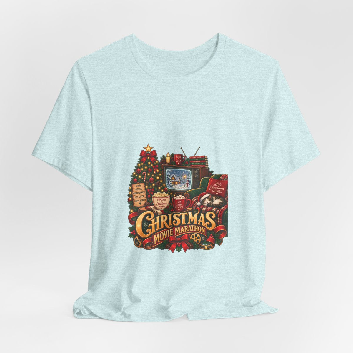 Christmas Movie Marathon T-Shirt | Cozy Retro TV Holiday Graphic Tee, Hot Cocoa Christmas Movie Lover Gift