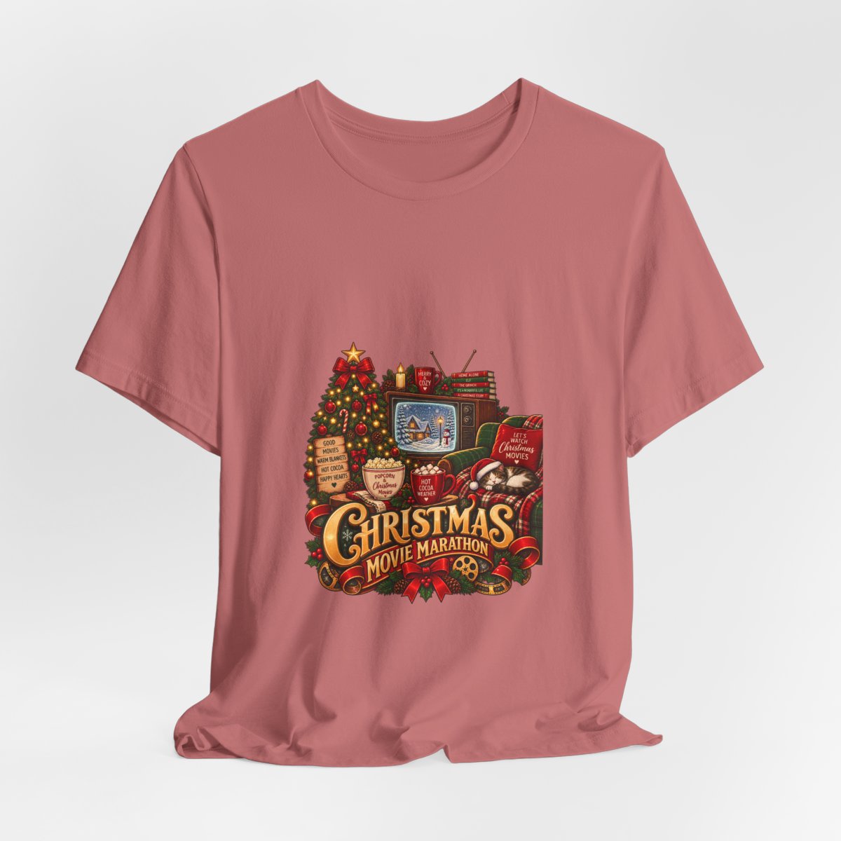 Christmas Movie Marathon T-Shirt | Cozy Retro TV Holiday Graphic Tee, Hot Cocoa Christmas Movie Lover Gift