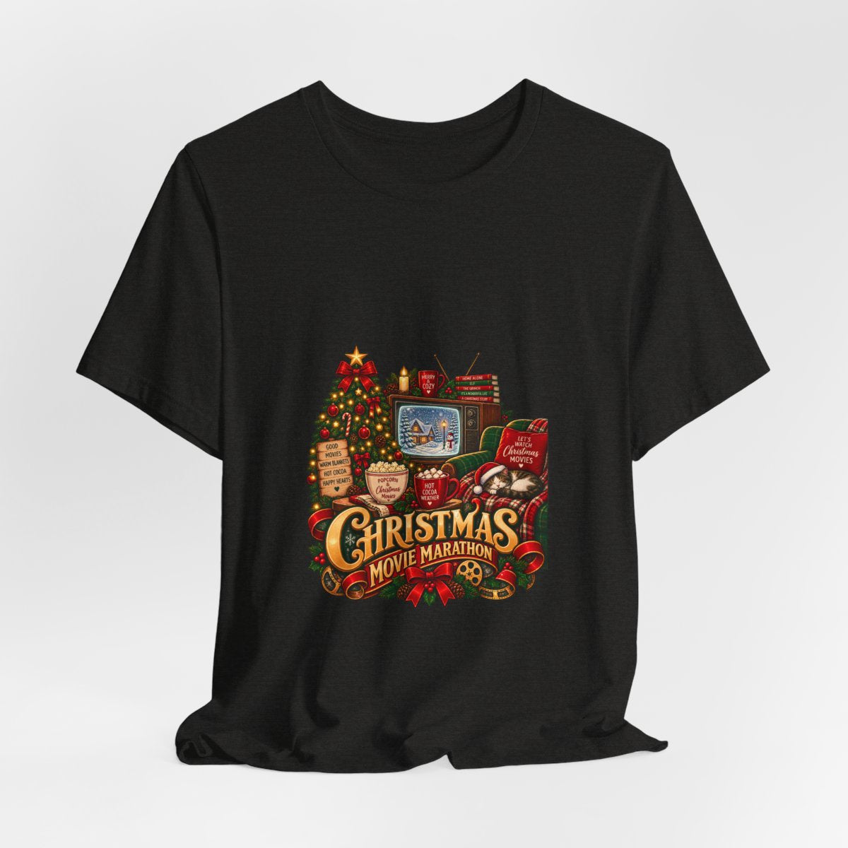 Christmas Movie Marathon T-Shirt | Cozy Retro TV Holiday Graphic Tee, Hot Cocoa Christmas Movie Lover Gift