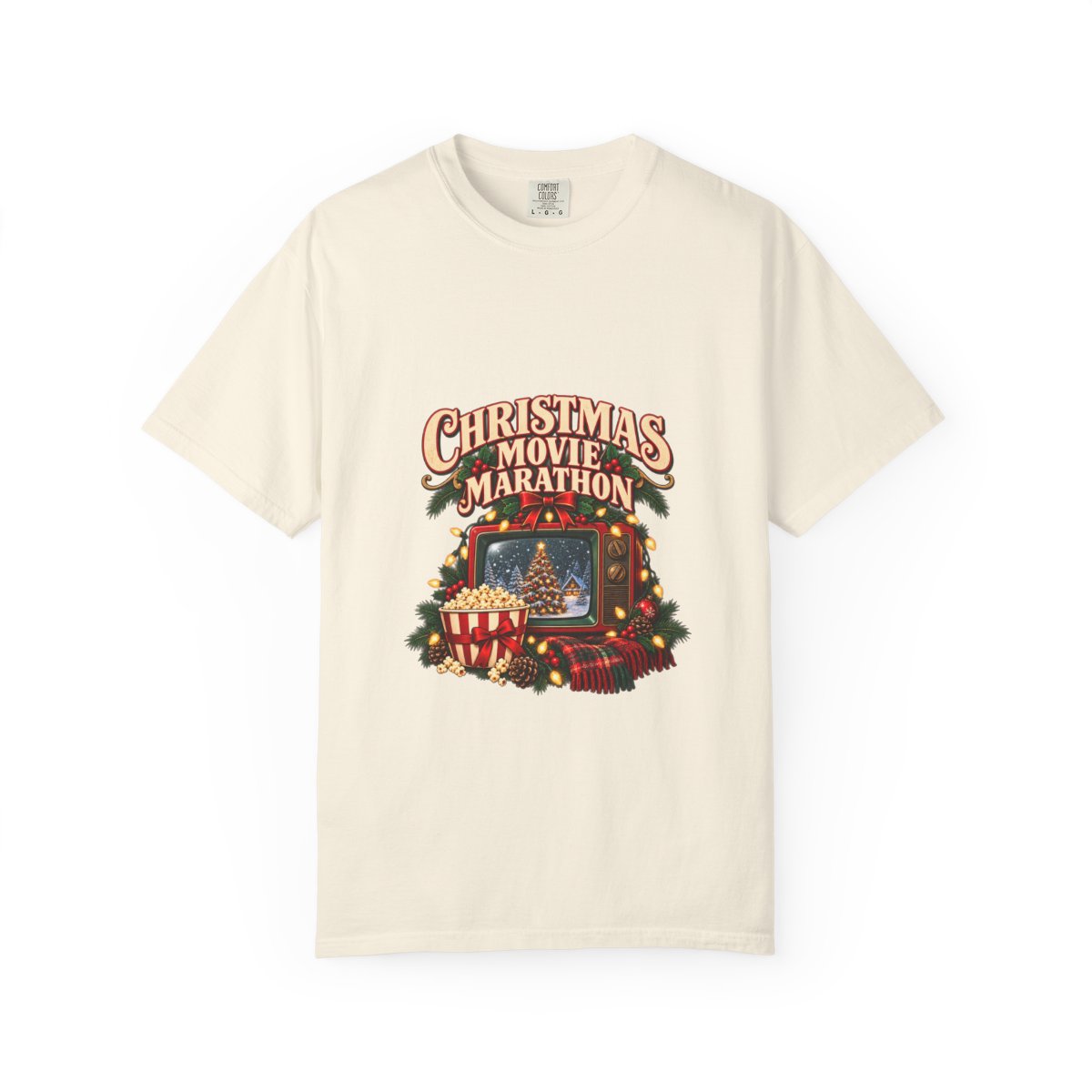 Christmas Movie Marathon T-shirt | Retro TV, Popcorn, Holiday Lights