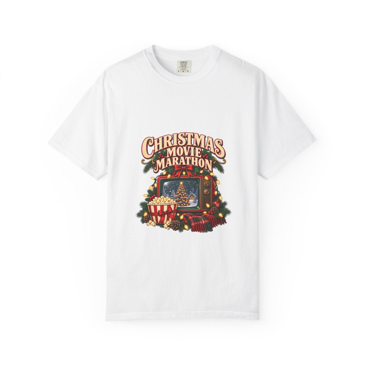 Christmas Movie Marathon T-shirt | Retro TV, Popcorn, Holiday Lights