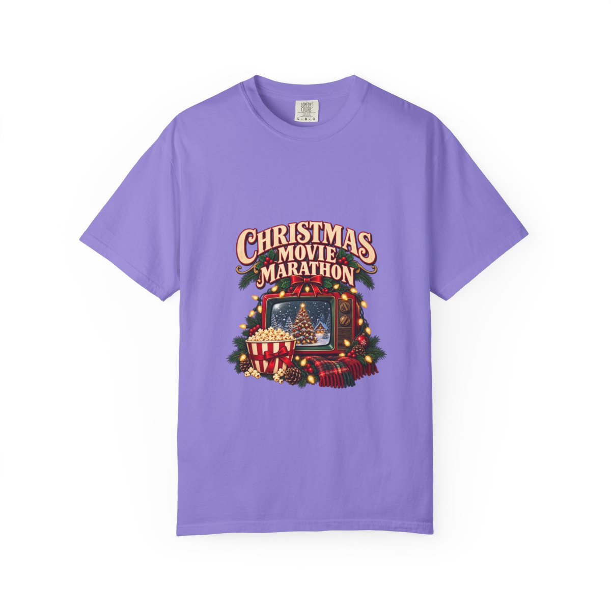 Christmas Movie Marathon T-shirt | Retro TV, Popcorn, Holiday Lights