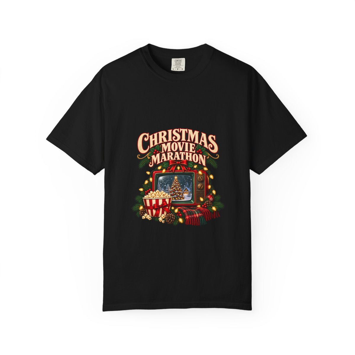 Christmas Movie Marathon T-shirt | Retro TV, Popcorn, Holiday Lights