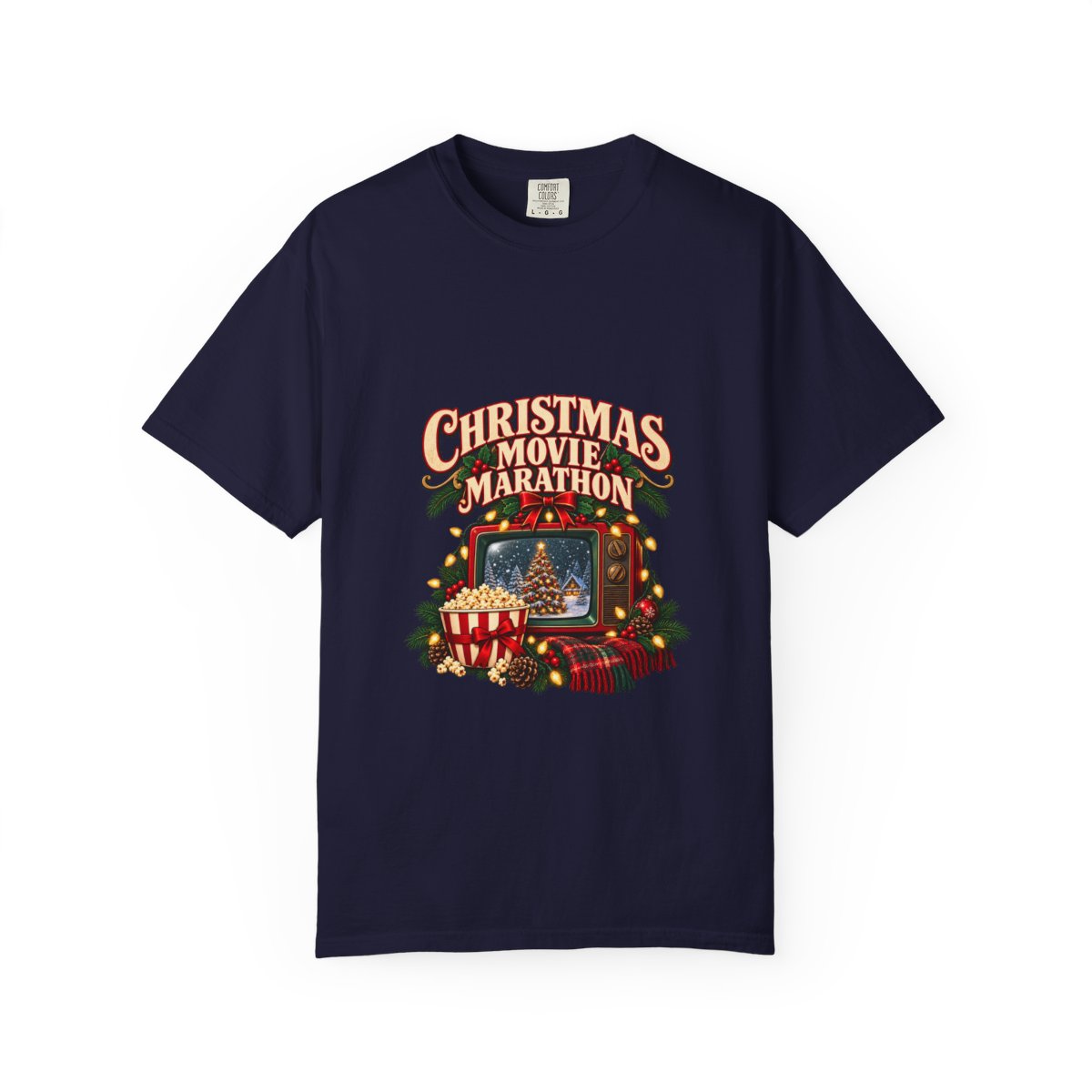 Christmas Movie Marathon T-shirt | Retro TV, Popcorn, Holiday Lights