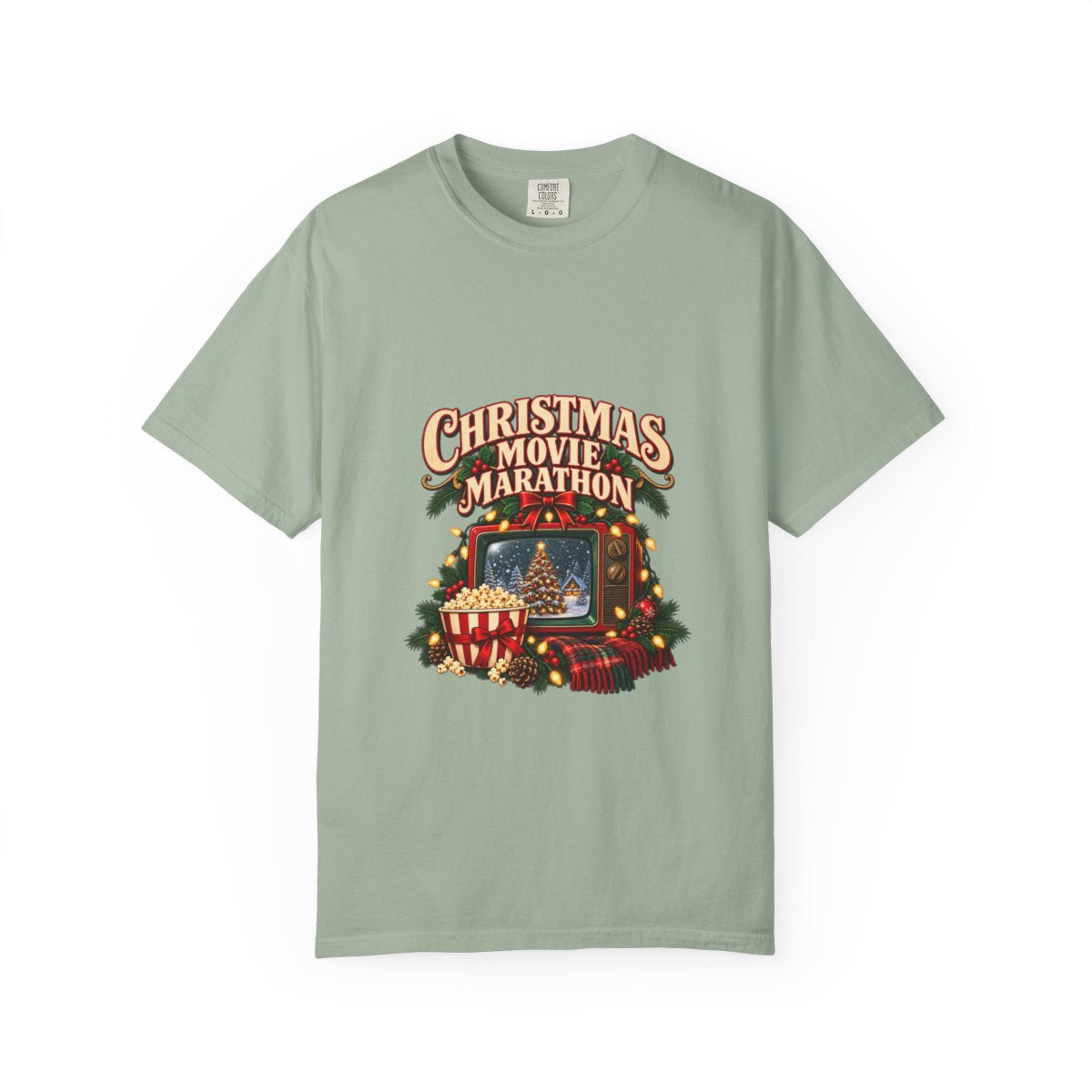Christmas Movie Marathon T-shirt | Retro TV, Popcorn, Holiday Lights