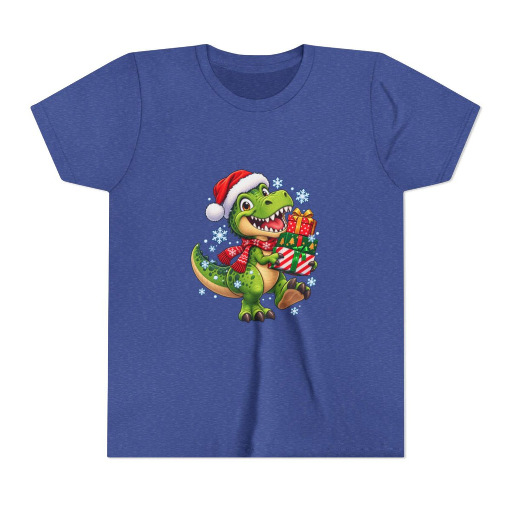 Christmas T-Rex Holding Presents Youth Tee | Kids Holiday Dinosaur Shirt
