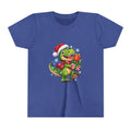 Christmas T-Rex Holding Presents Youth Tee | Kids Holiday Dinosaur Shirt