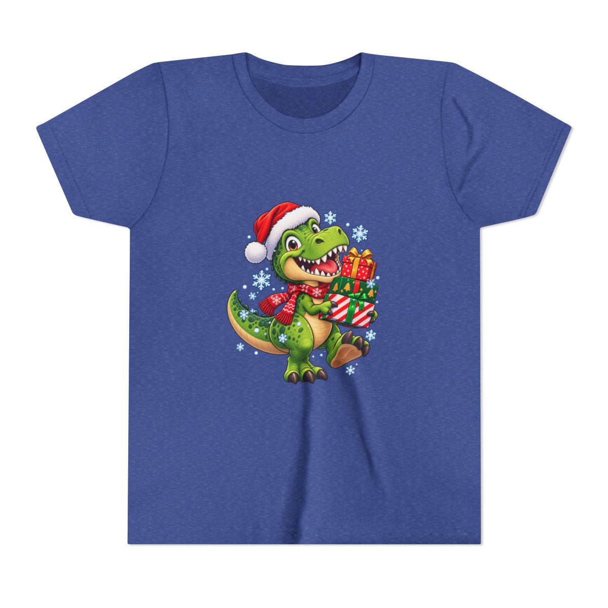 Christmas T-Rex Holding Presents Youth Tee | Kids Holiday Dinosaur Shirt