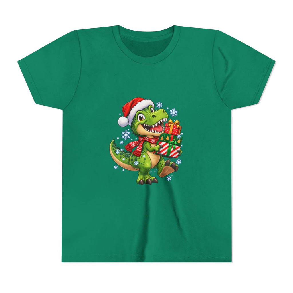Christmas T-Rex Holding Presents Youth Tee | Kids Holiday Dinosaur Shirt