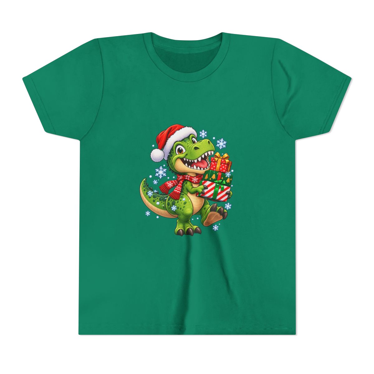 Christmas T-Rex Holding Presents Youth Tee | Kids Holiday Dinosaur Shirt