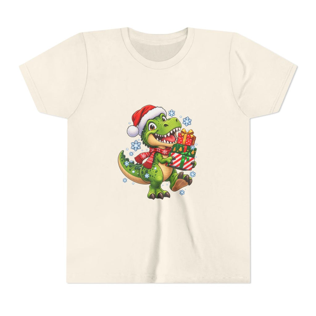 Christmas T-Rex Holding Presents Youth Tee | Kids Holiday Dinosaur Shirt