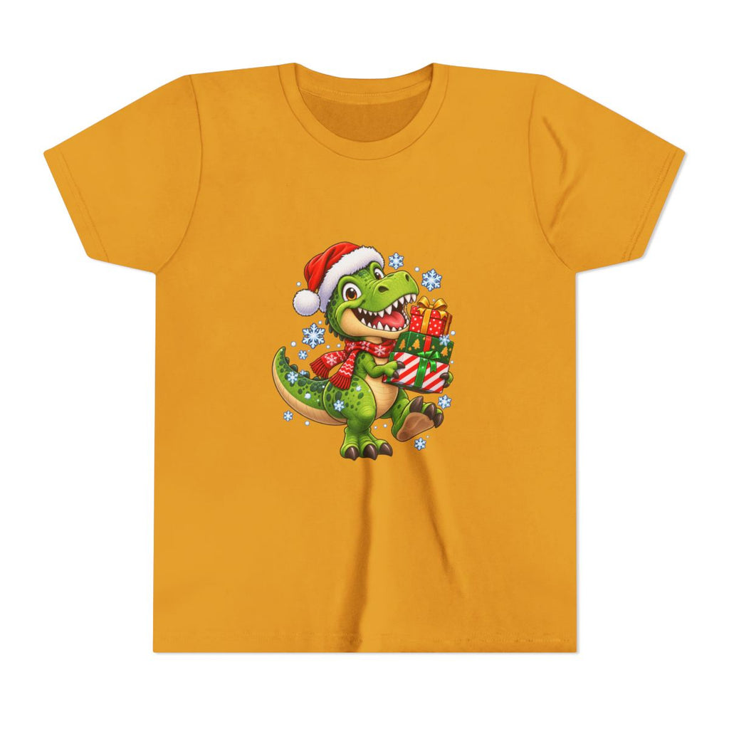 Christmas T-Rex Holding Presents Youth Tee | Kids Holiday Dinosaur Shirt