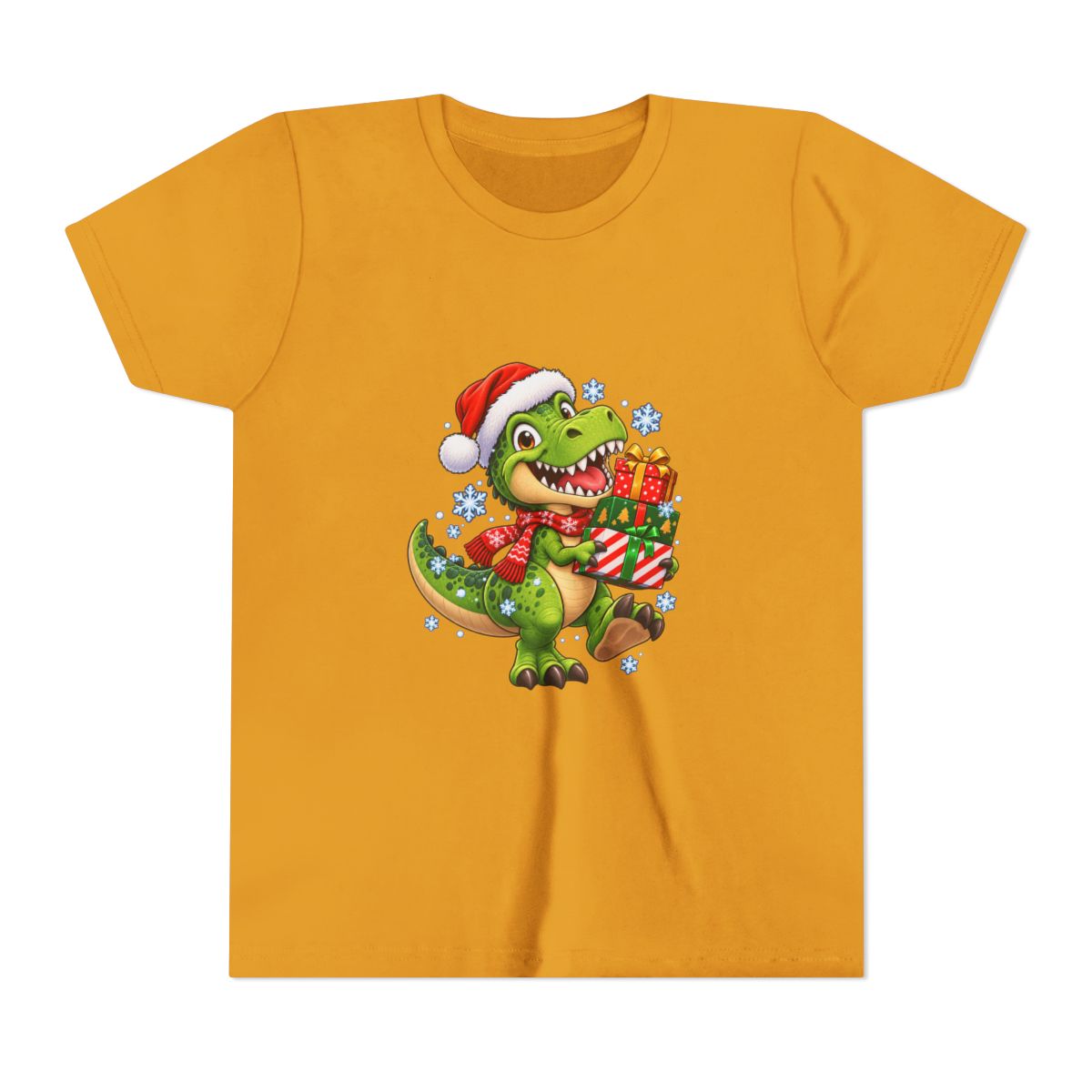 Christmas T-Rex Holding Presents Youth Tee | Kids Holiday Dinosaur Shirt