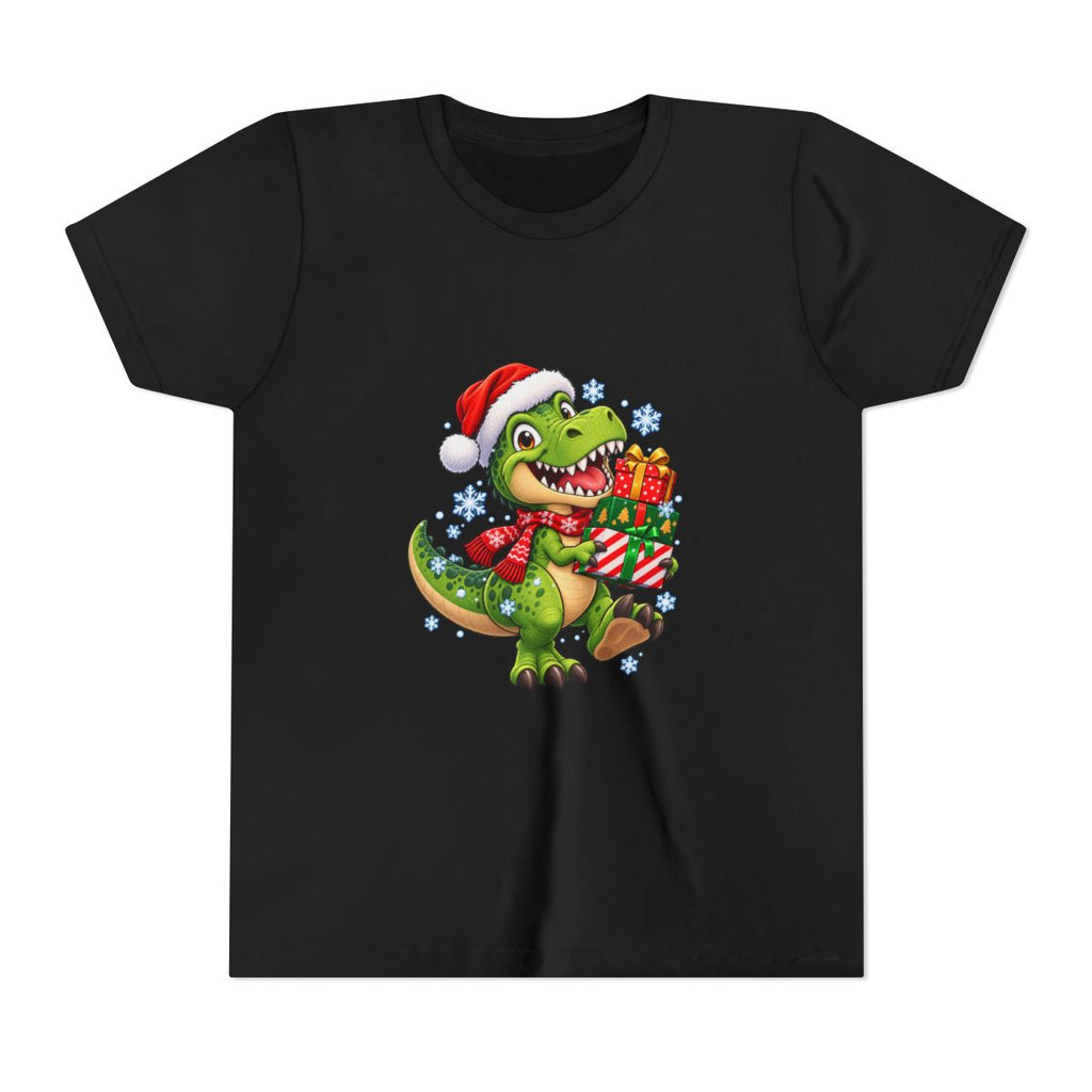 Christmas T-Rex Holding Presents Youth Tee | Kids Holiday Dinosaur Shirt
