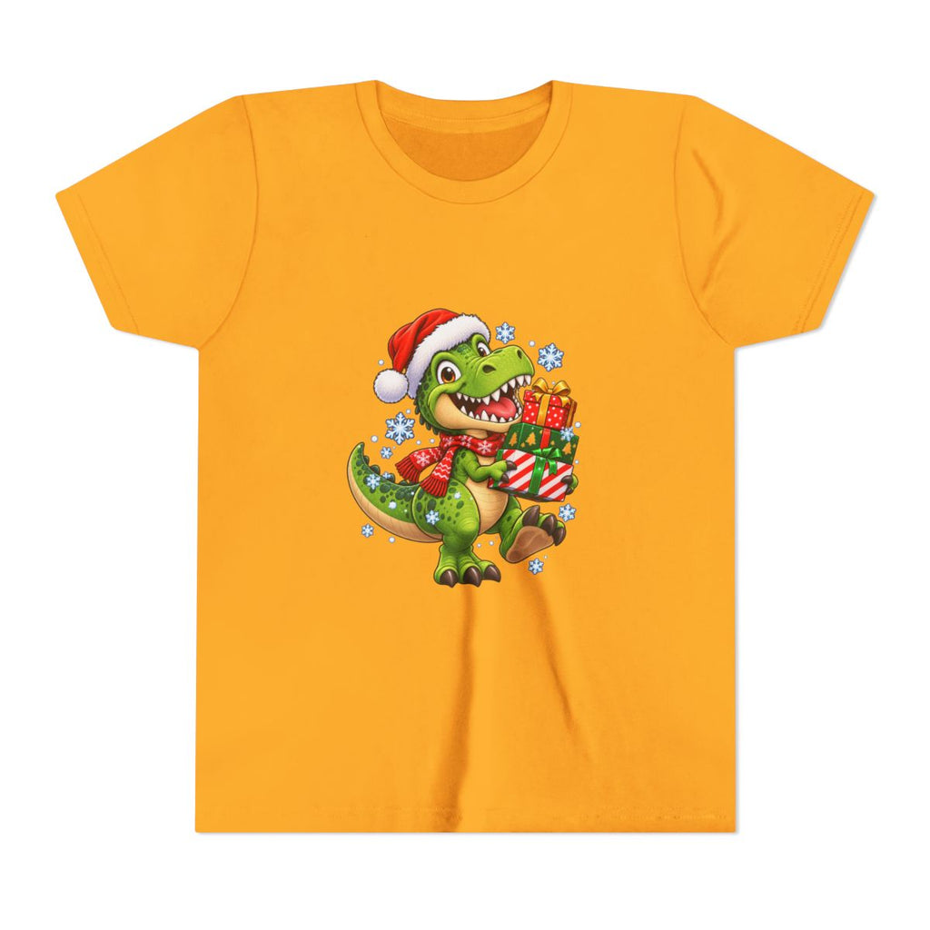 Christmas T-Rex Holding Presents Youth Tee | Kids Holiday Dinosaur Shirt