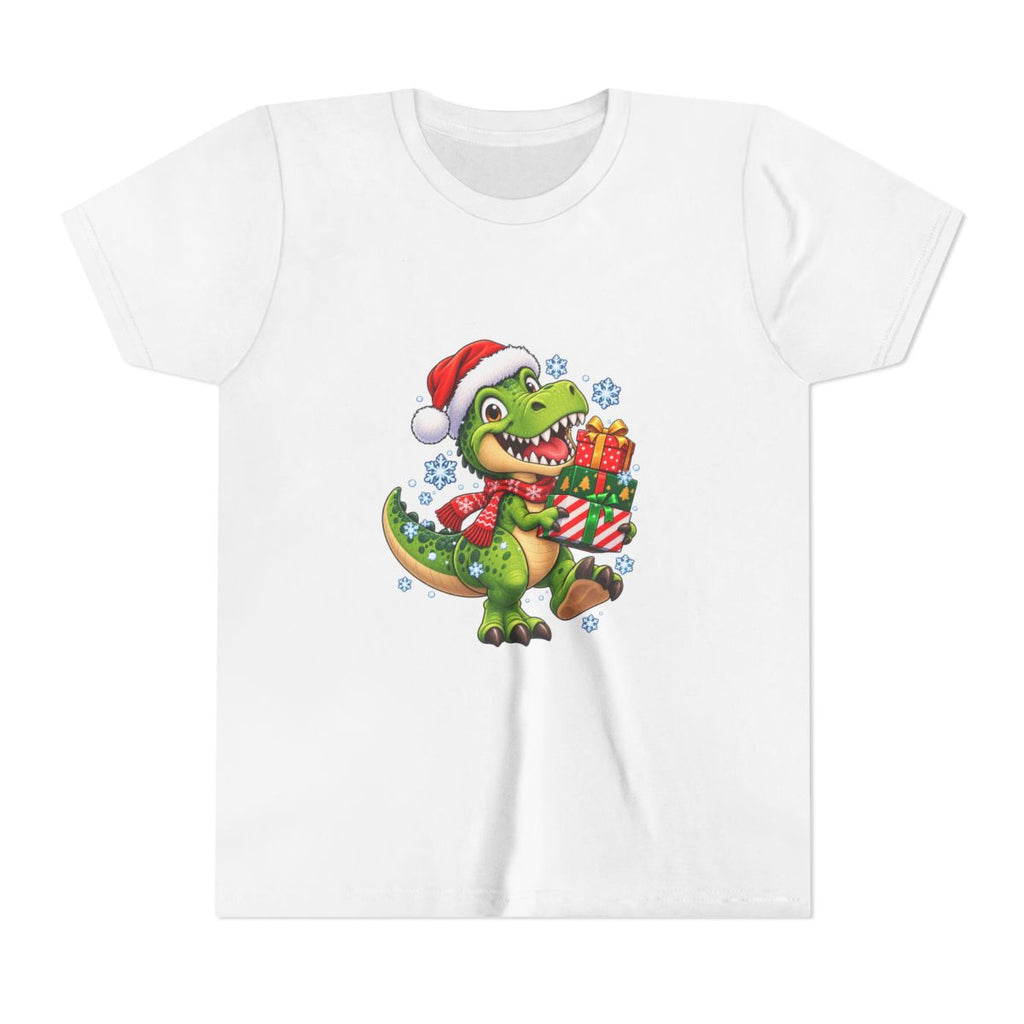 Christmas T-Rex Holding Presents Youth Tee | Kids Holiday Dinosaur Shirt